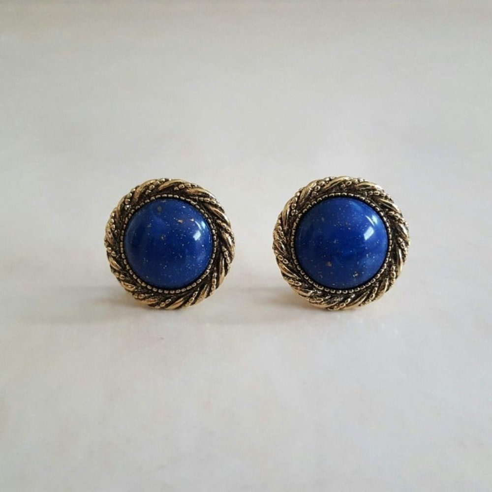 Vintage Gold Tone Blue Button Clip Ons